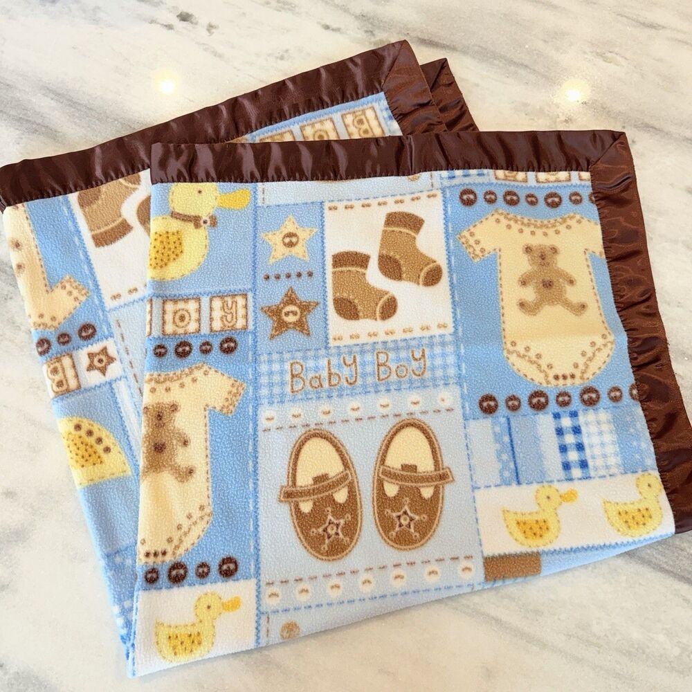 Vintage Baby Boy Brown Blue & Yellow Patterned Satin Trim Fleece Blanket Lovey